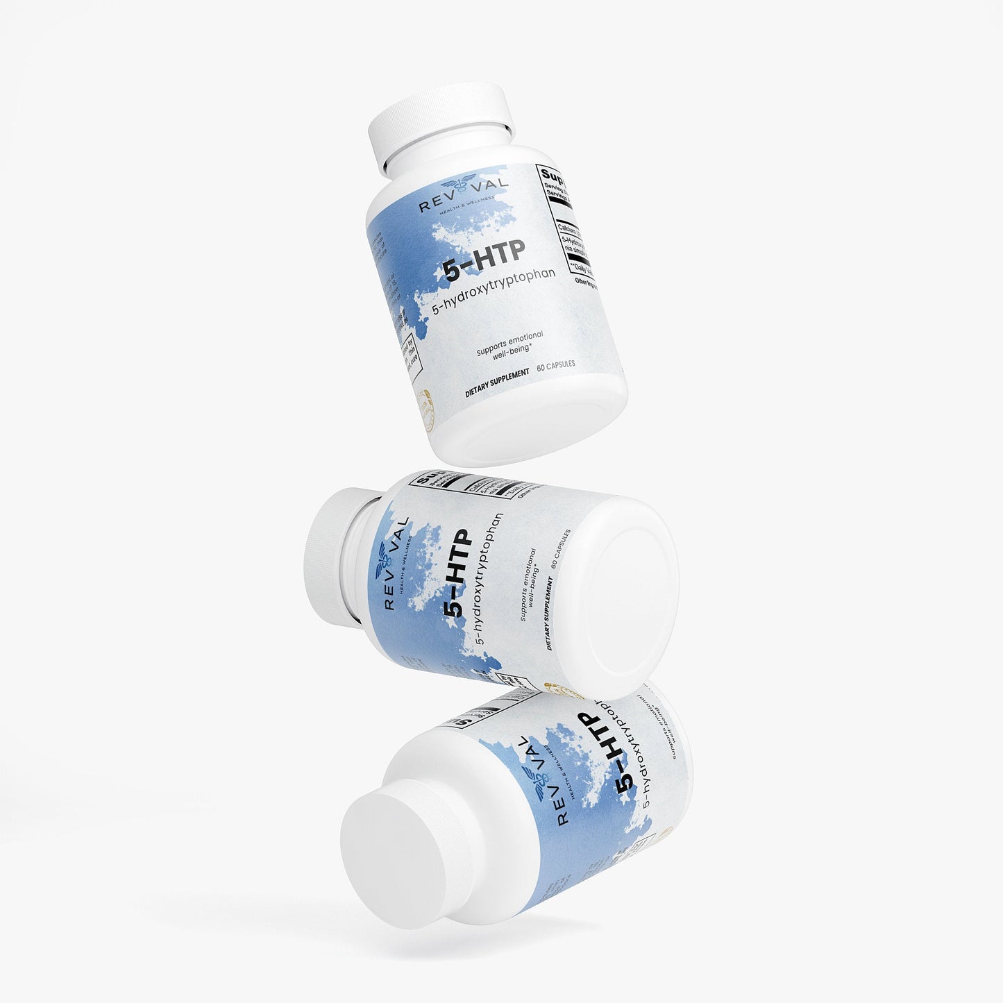 Three bottles of Revival S-HTP on a white background