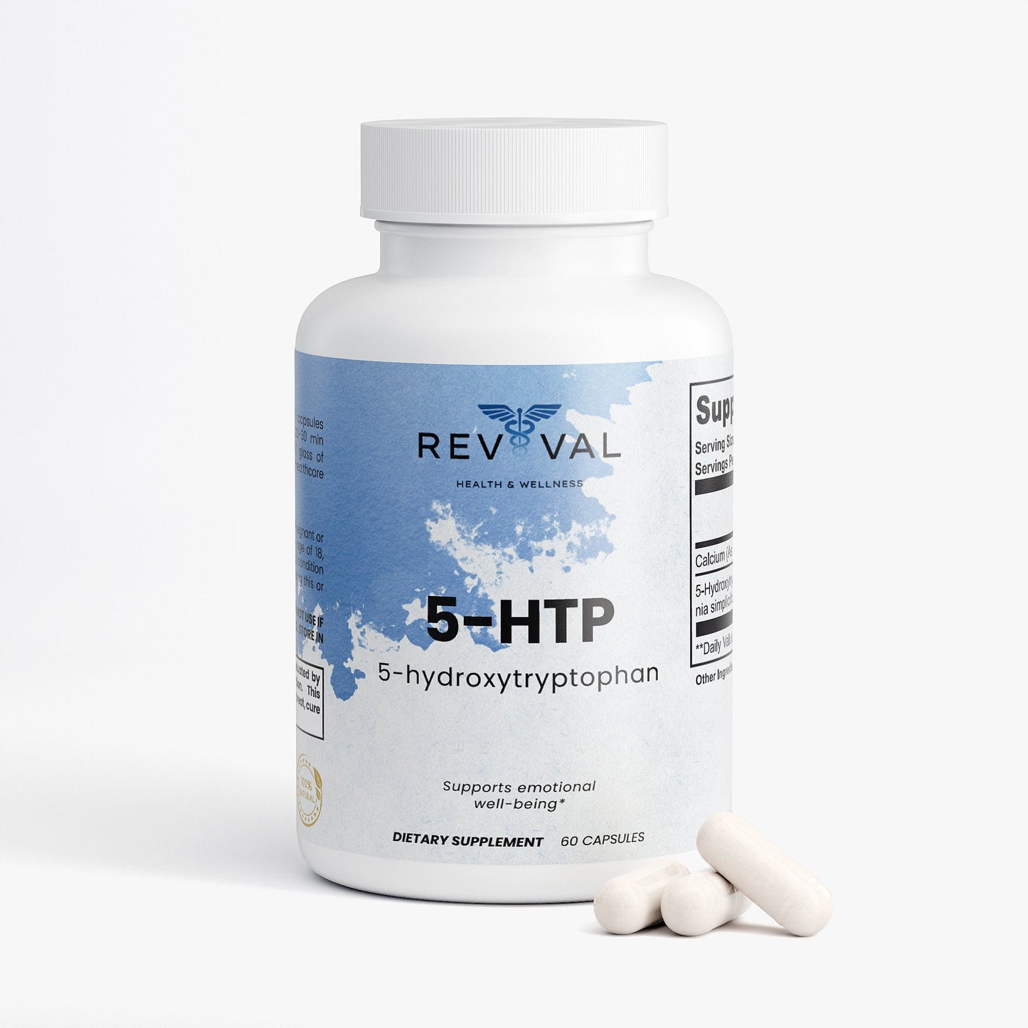 Supplement bottle labeled '5-HTP' by Revival on a white background