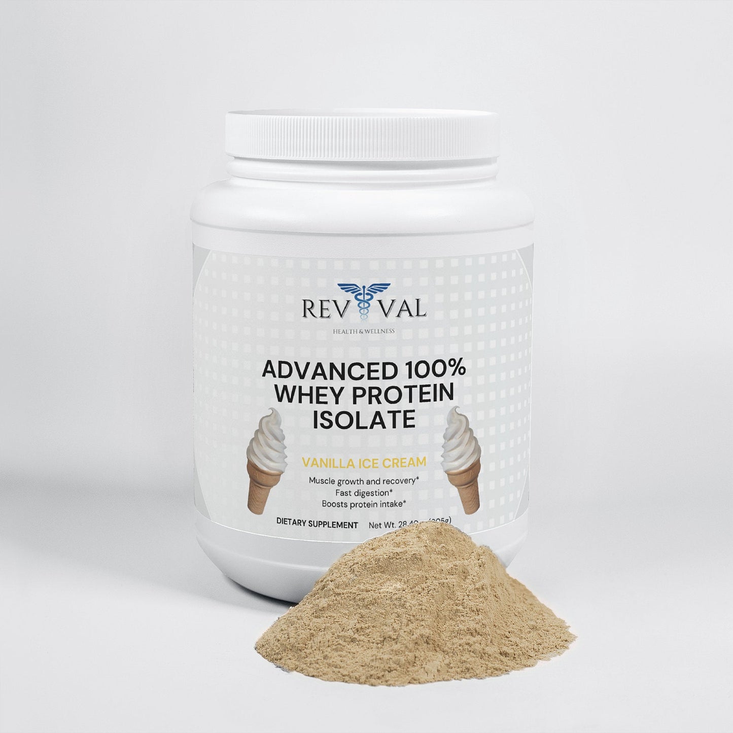 Advanced 100% Whey Protein Isolate (Vanilla), front bottle, powder