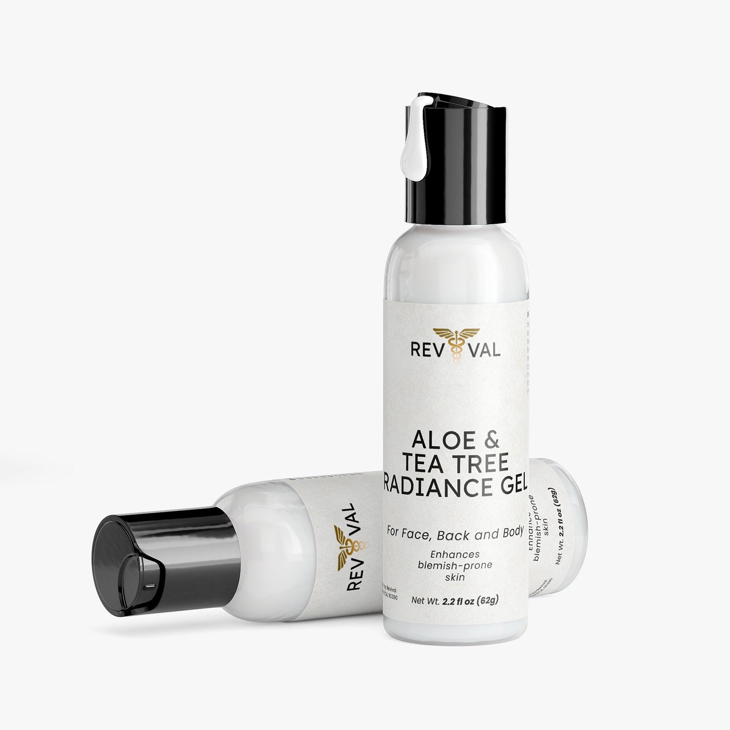Rev Val aloe and tea tree radiance gel bottles on a white background