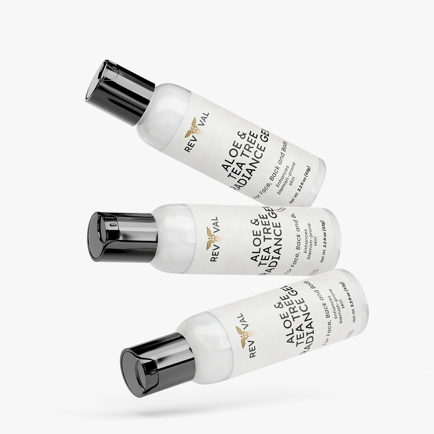 Three Reviva aloe vera and tea tree oil products on a white background