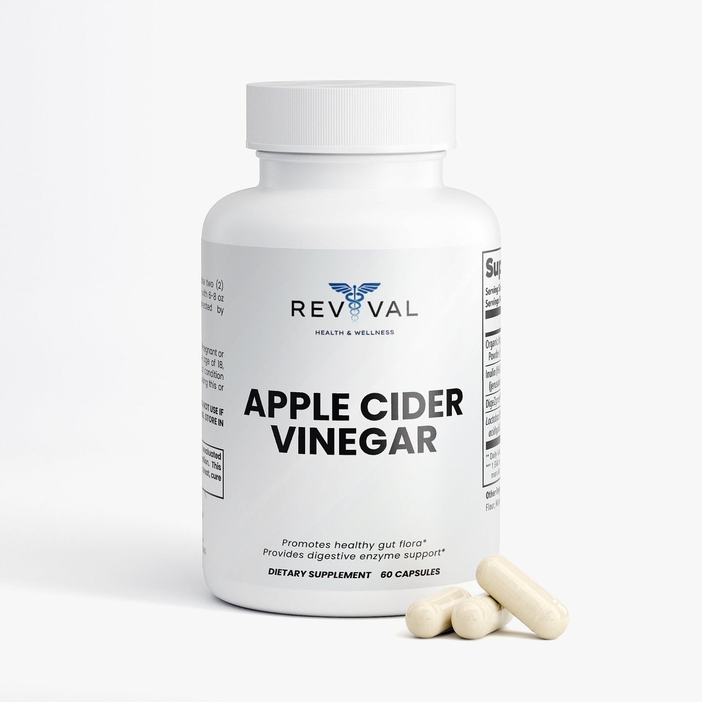 Supplement bottle labeled 'Apple Cider Vinegar' by Revival on a white background