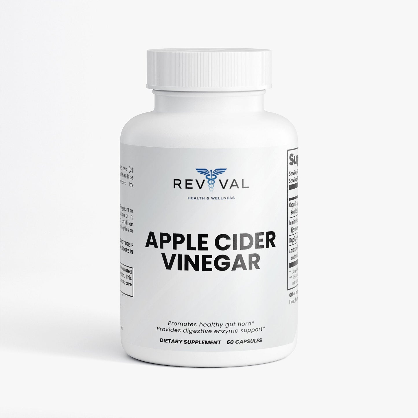 Supplement bottle labeled 'Apple Cider Vinegar' by Revival on a white background