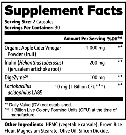Supplement facts label for a product containing organic apple cider vinegar powder and other ingredients.