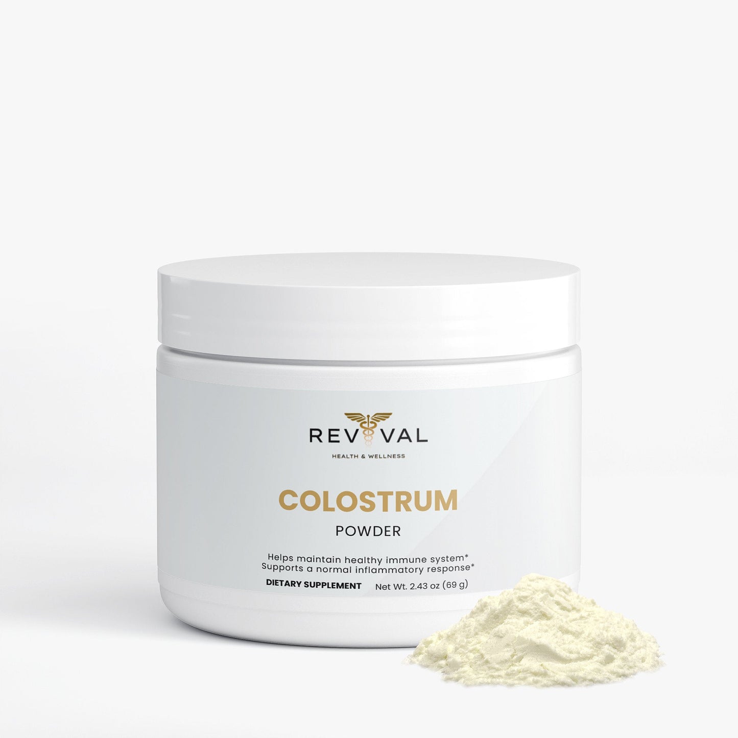 Revival Colostrum Powder container with powder on a white background