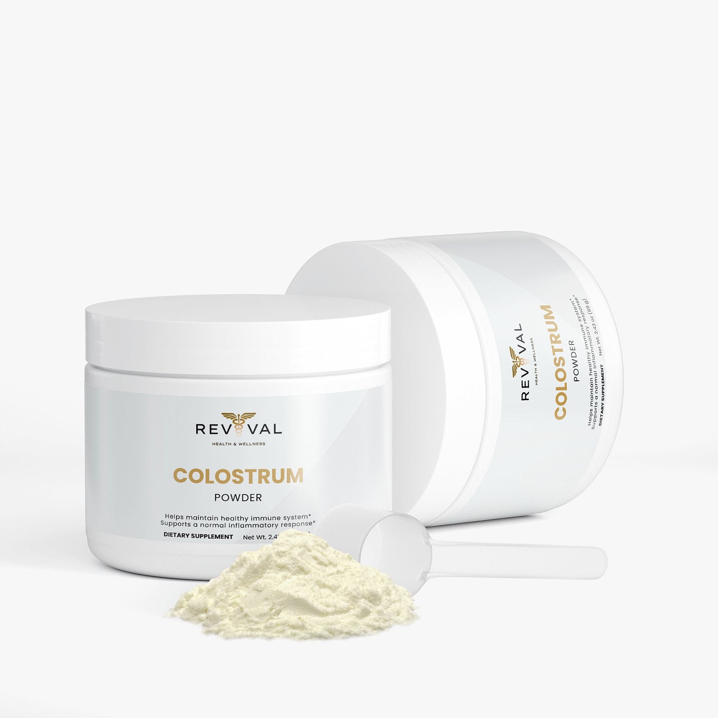 Revival Colostrum Powder container with scoop on a white background