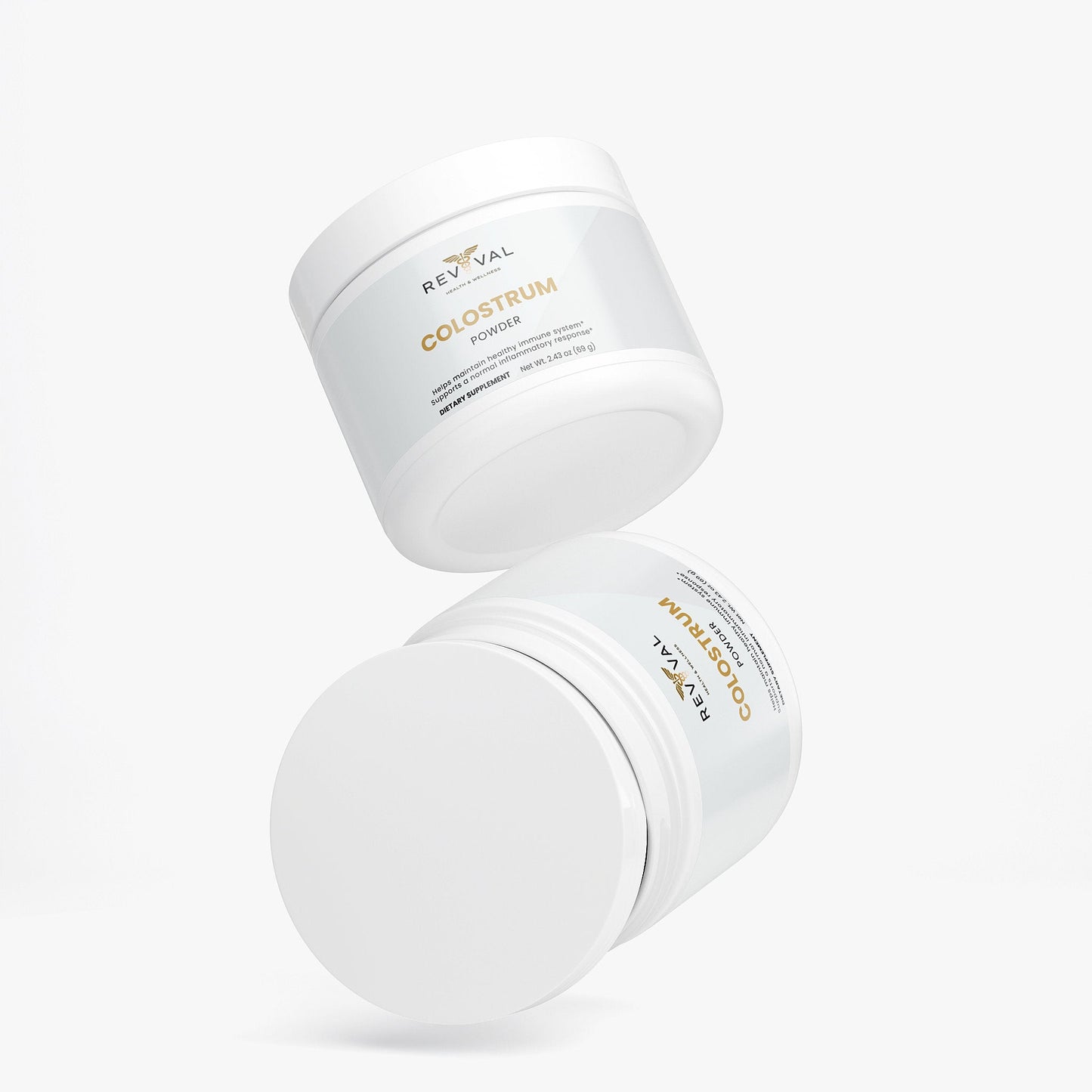 Two containers of Revival Colostrom Powder on a white background