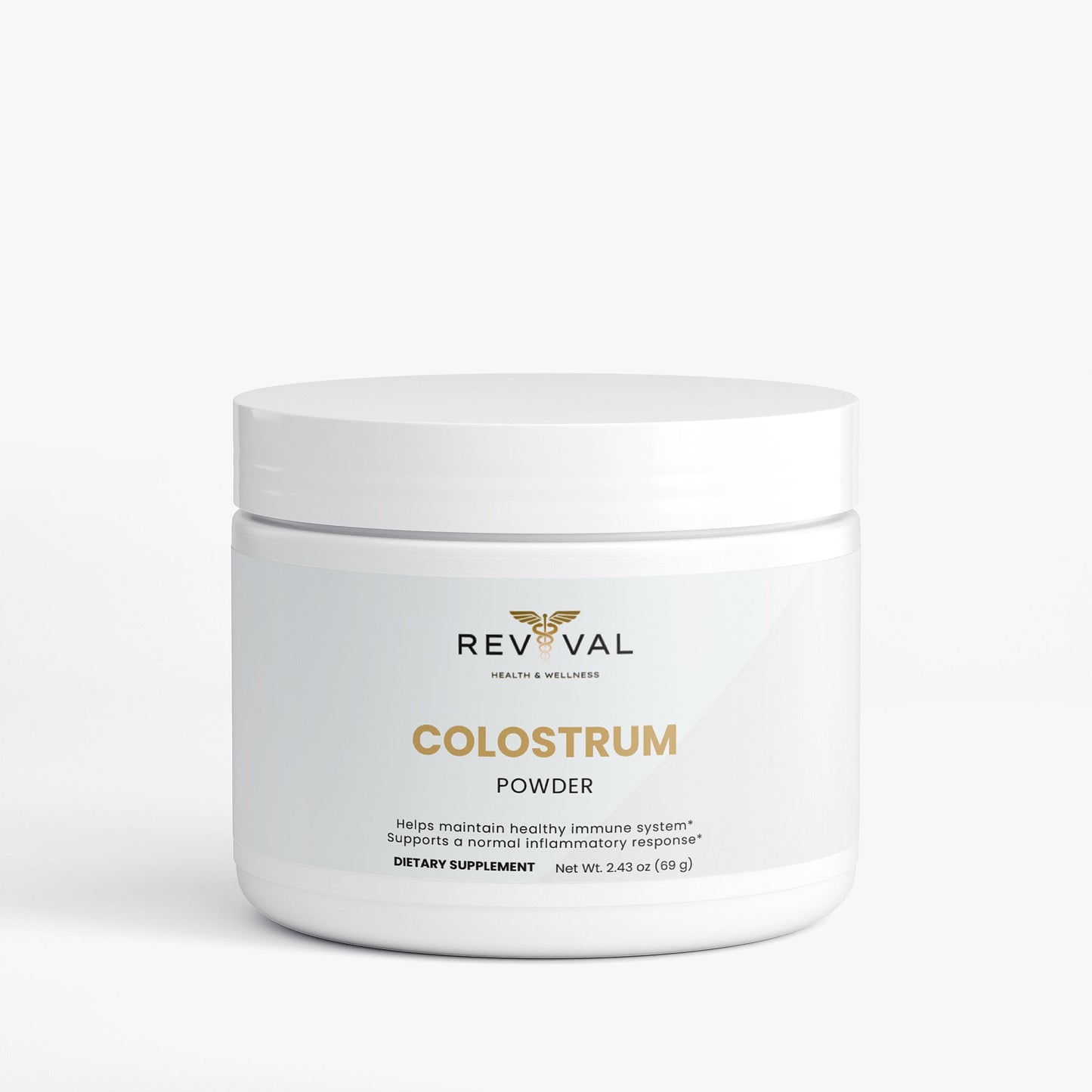 Revival Colostrum Powder container on a white background