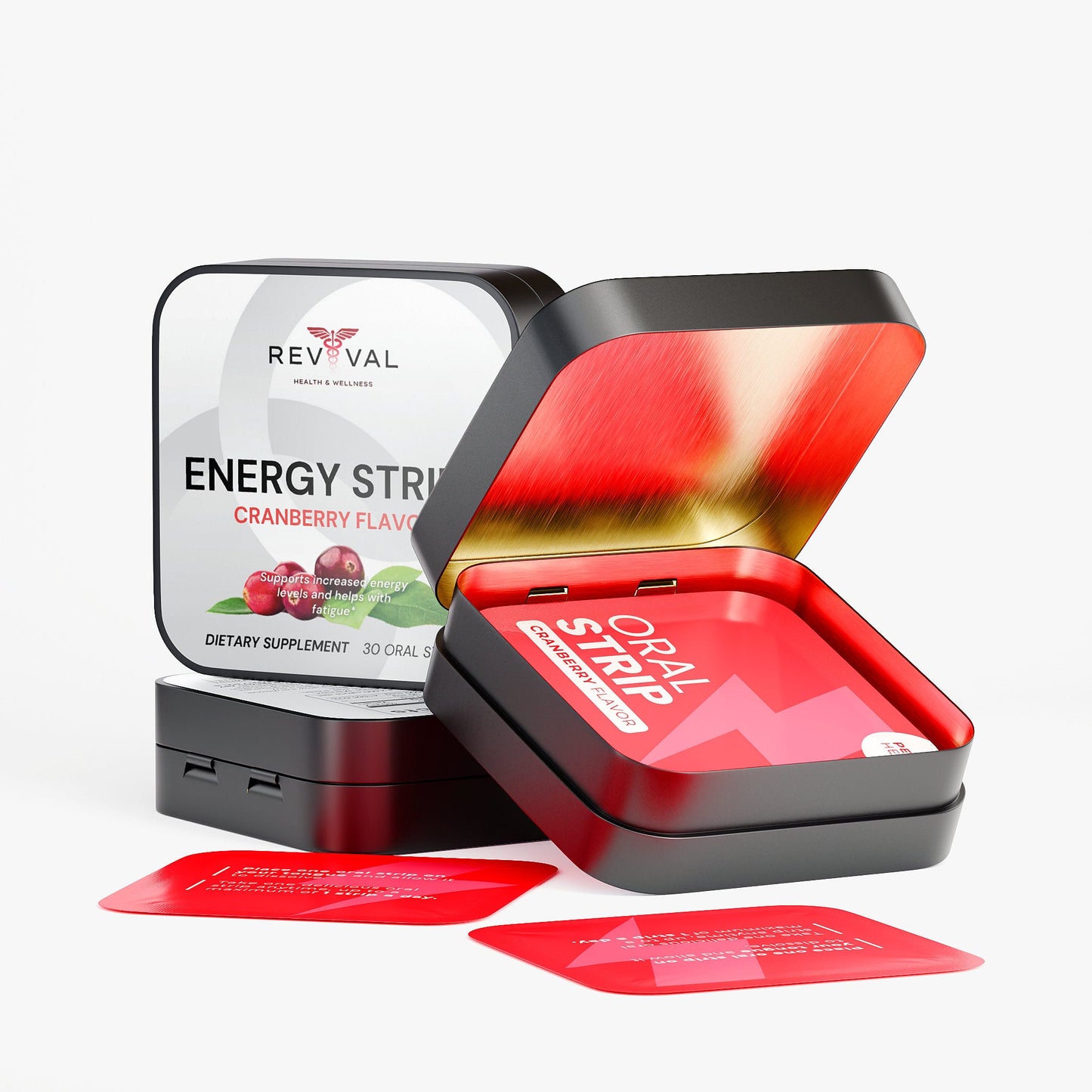 Revival Oral Strip packaging with red strips on a white background