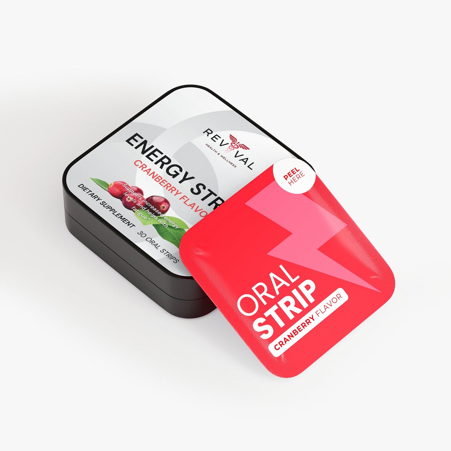 Revival Oral Strip packaging with cranberry flavor on a white background
