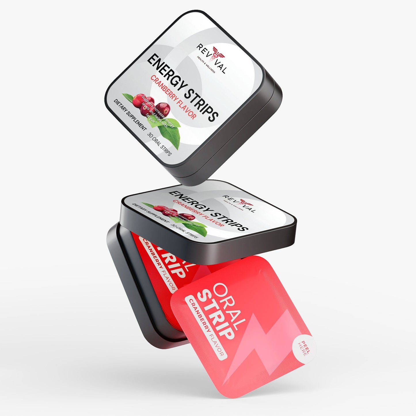 Two tins of Revival Oral Strips on a white background