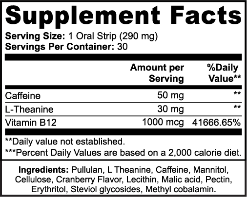 Supplement facts label with caffeine, L-theanine, and Vitamin B12 content.