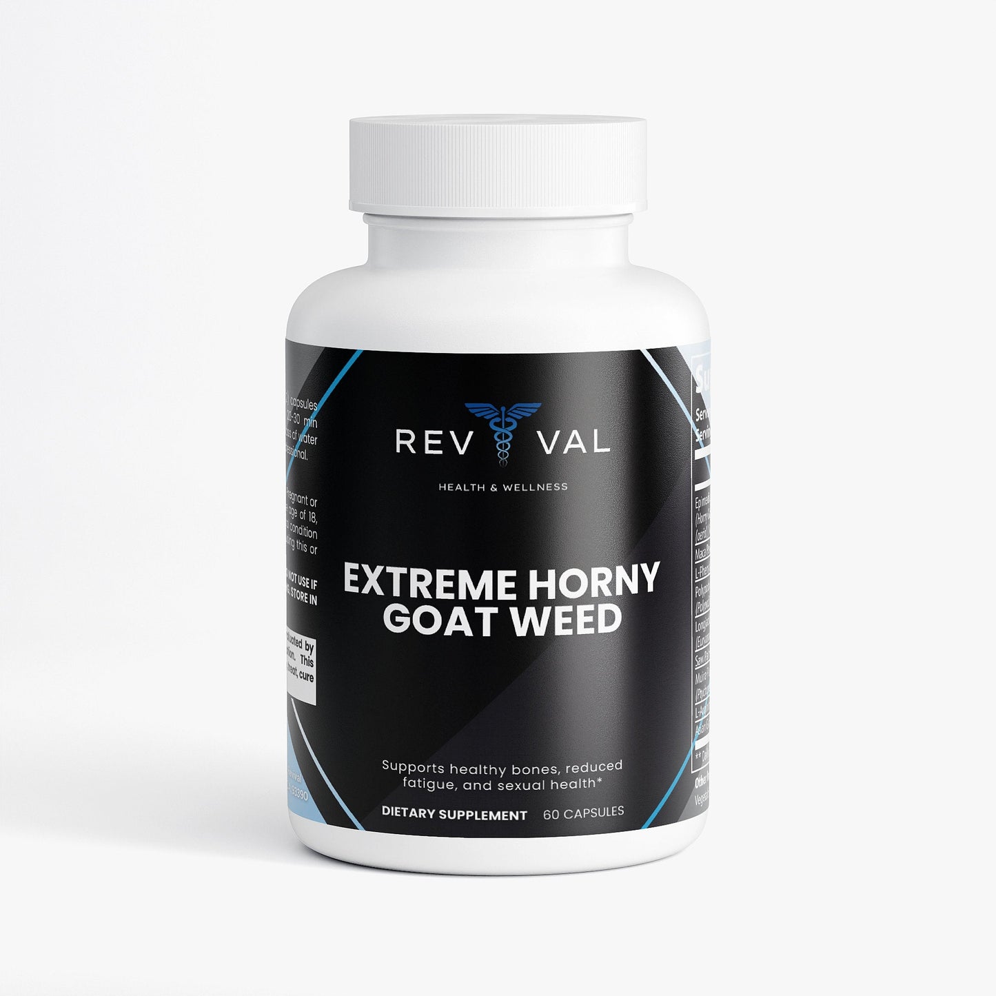 Supplement bottle labeled 'Extreme Horny goat weed' by Rev Val on a white background
