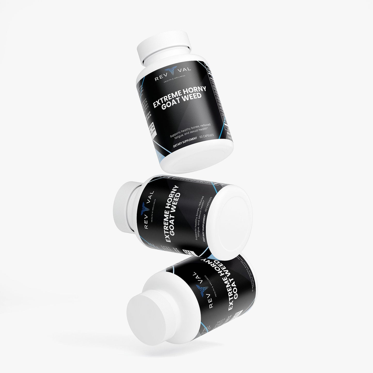Three bottles of Extreme Horny goat weed supplement on a white background