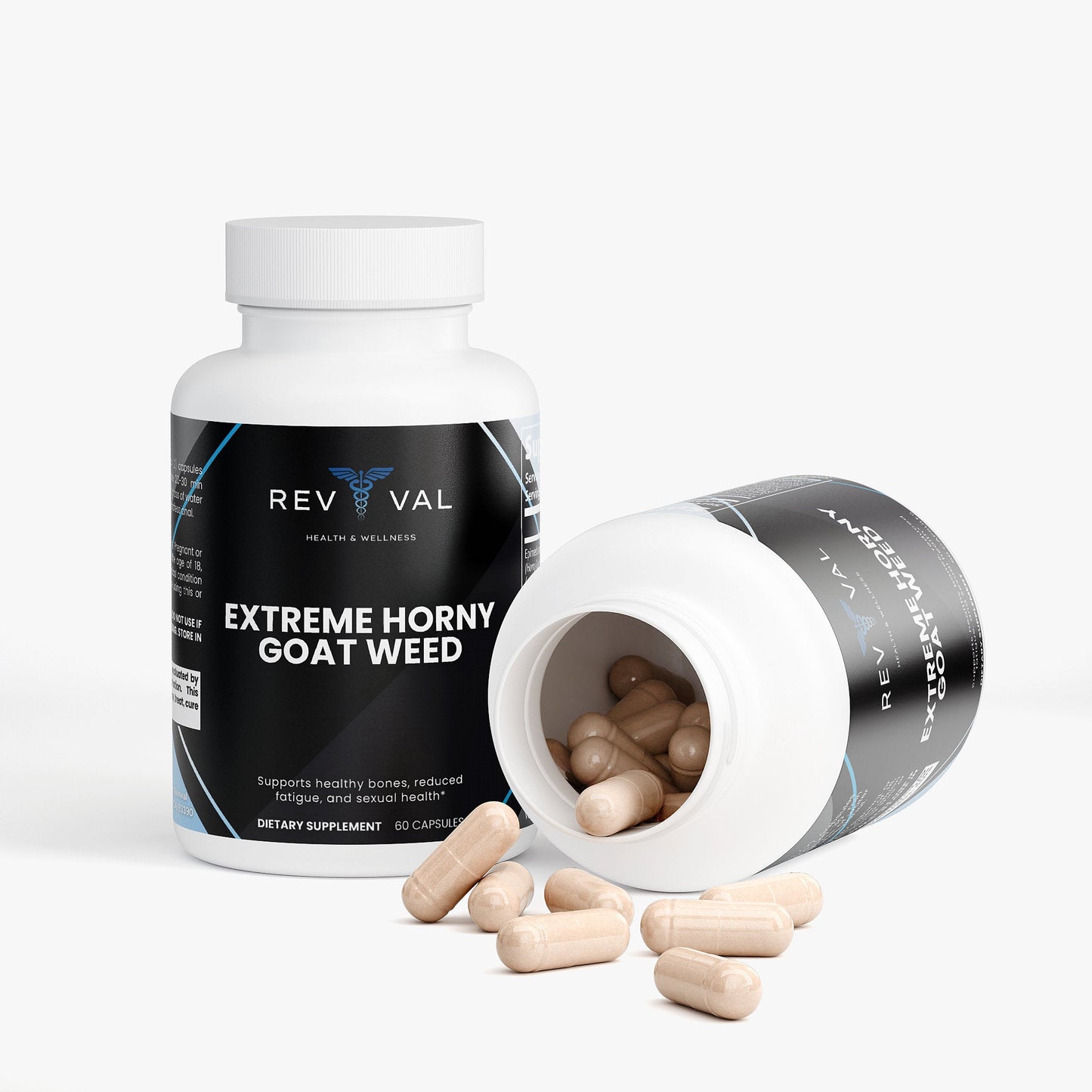 Revival Extreme Horny goat weed dietary supplement bottle with open cap on a white background