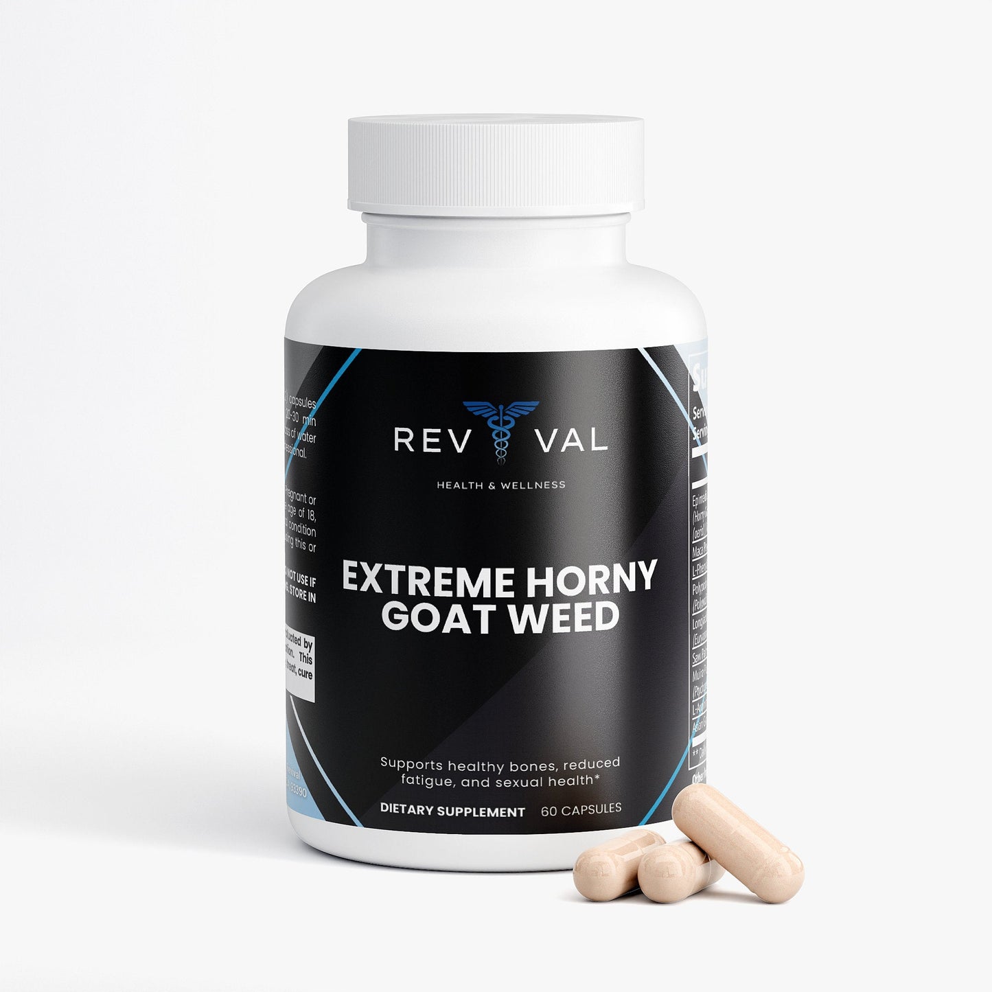 Supplement bottle labeled 'Extreme Horny goat weed' by Rev Val on a white background