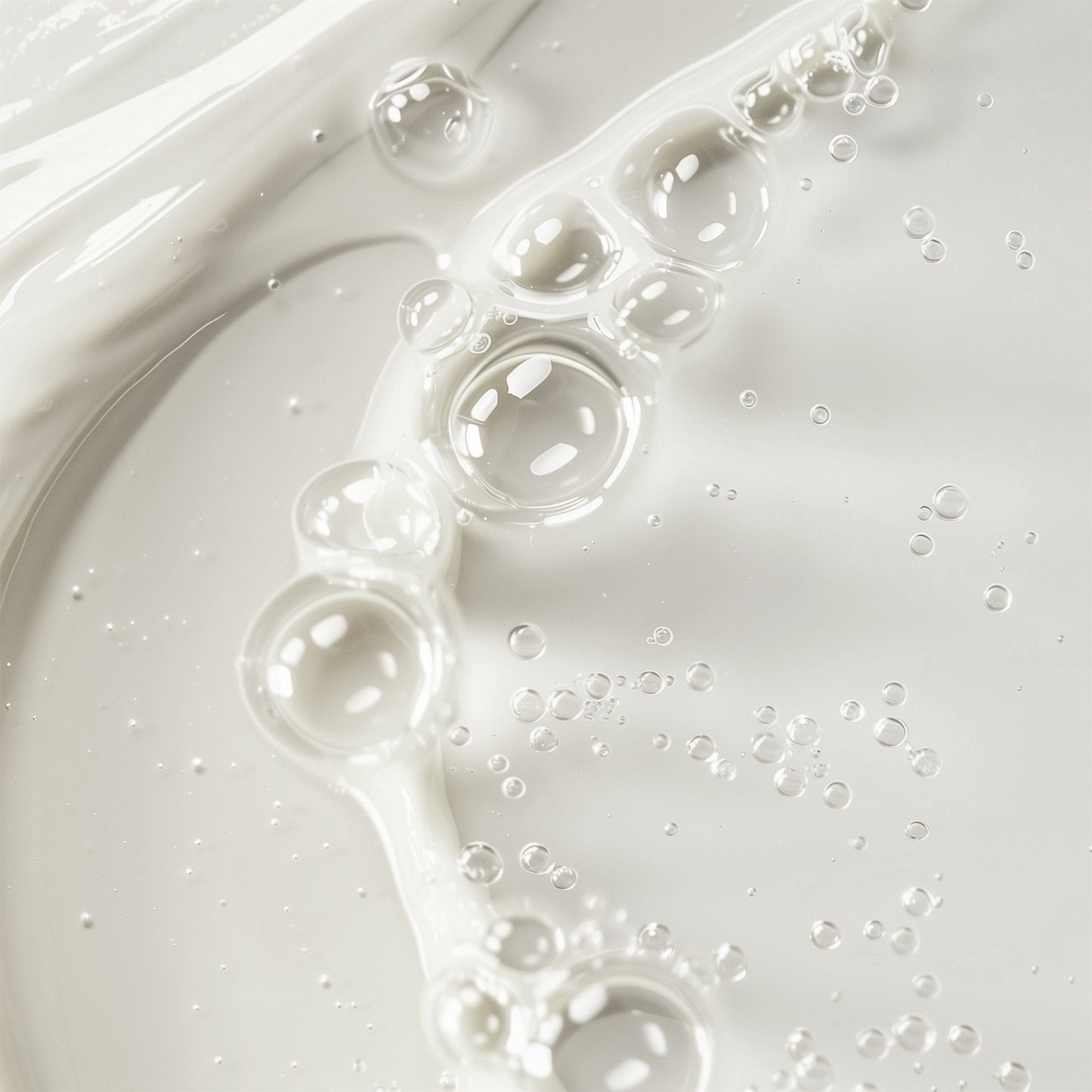 Close-up of white liquid with bubbles on a light gray background