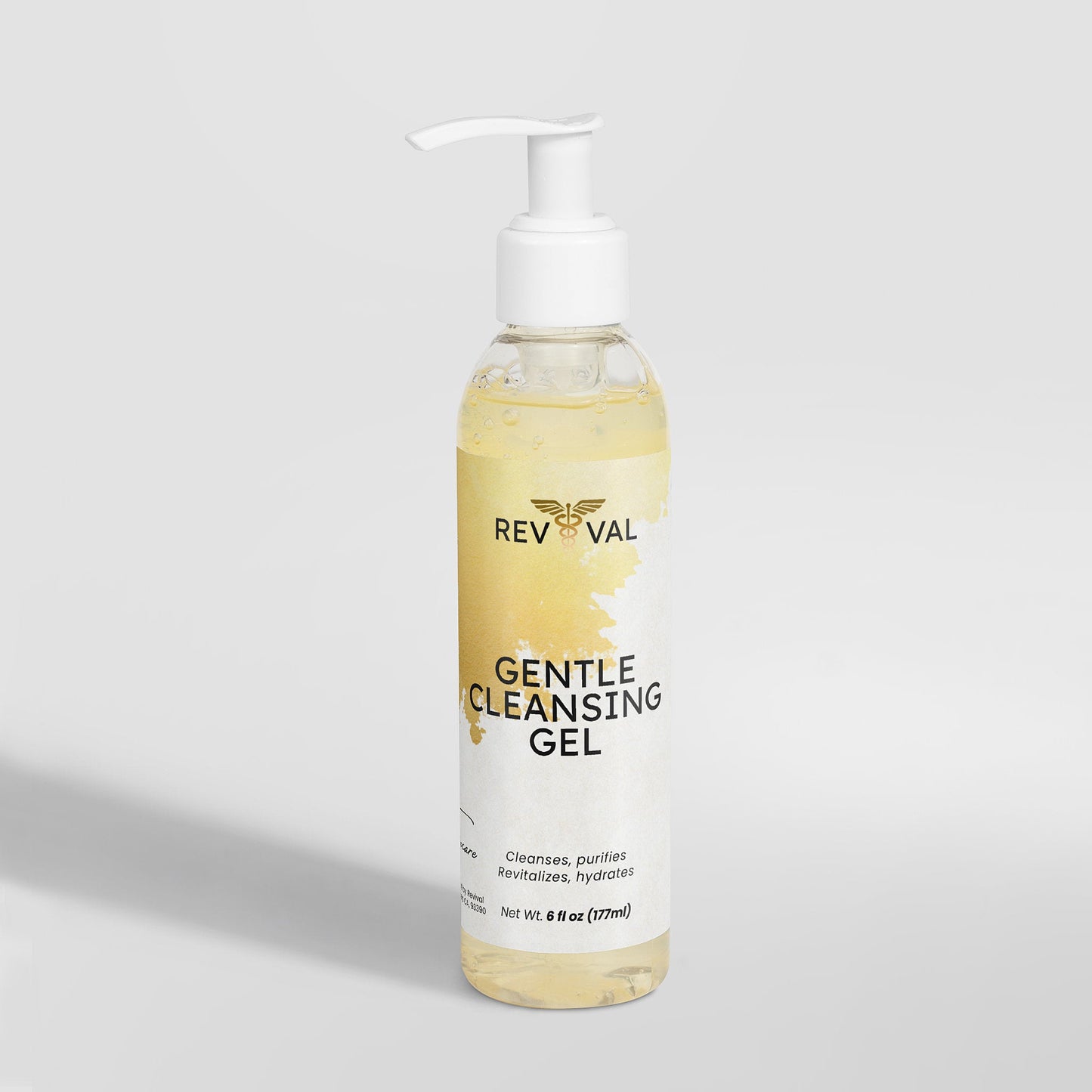 Bottle of RevivaL Gentle Cleansing Gel on a light gray background