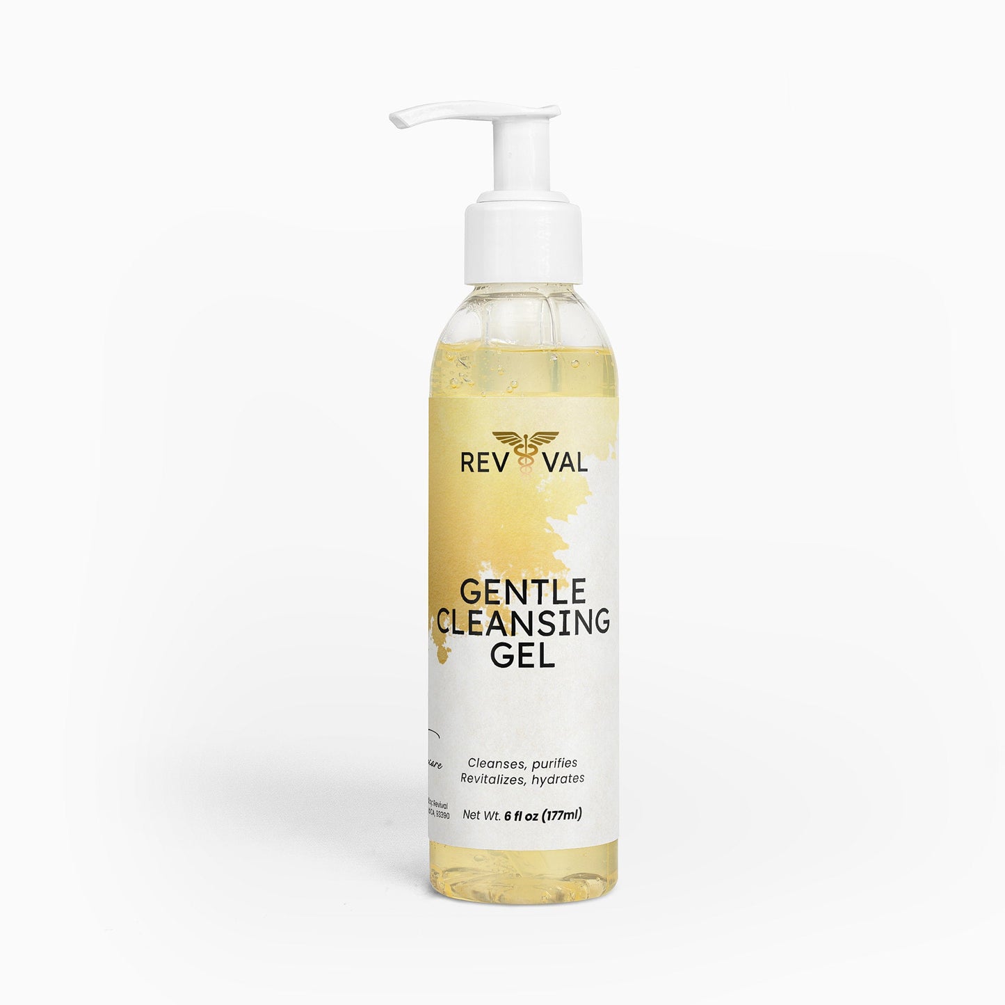 Bottle of Rev Val Gentle Cleansing Gel on a white background
