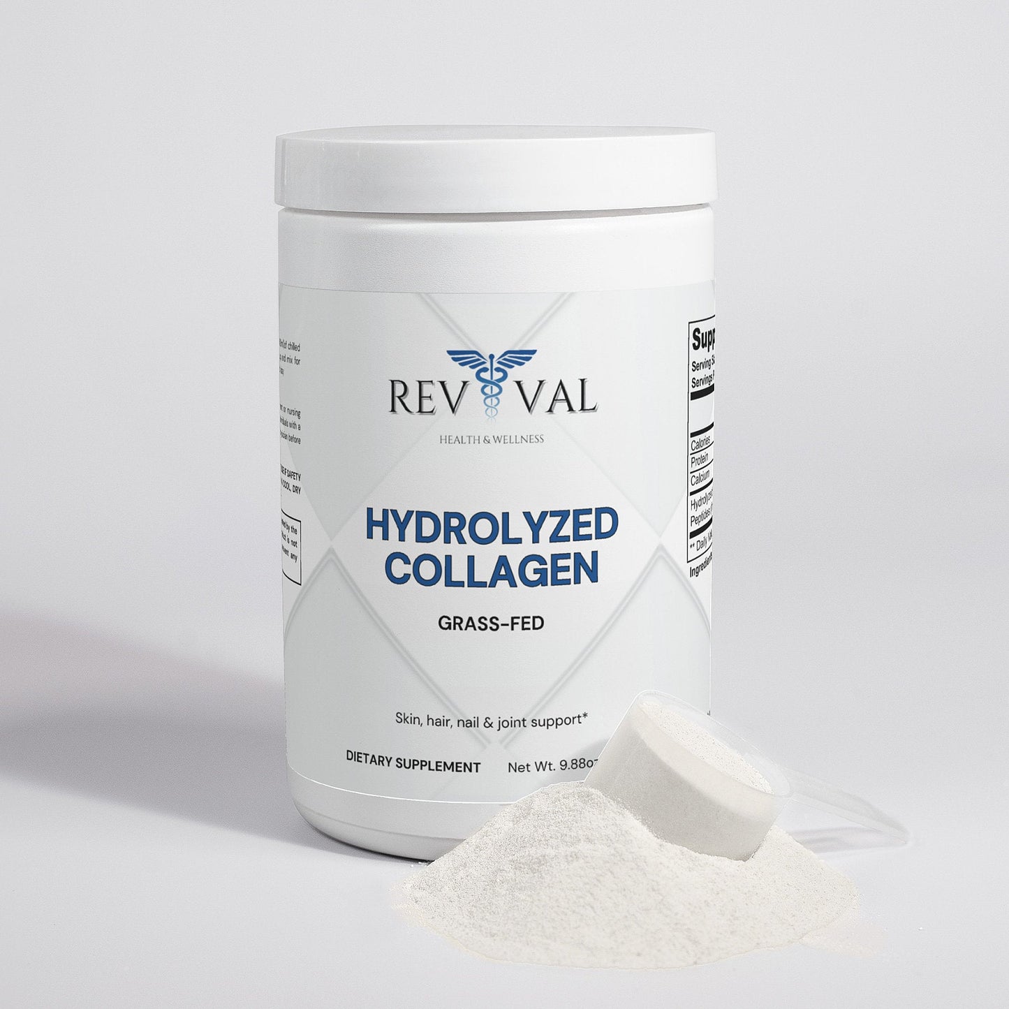 Grass-Fed Hydrolyzed Collagen Peptides, front bottle, powder with scoop