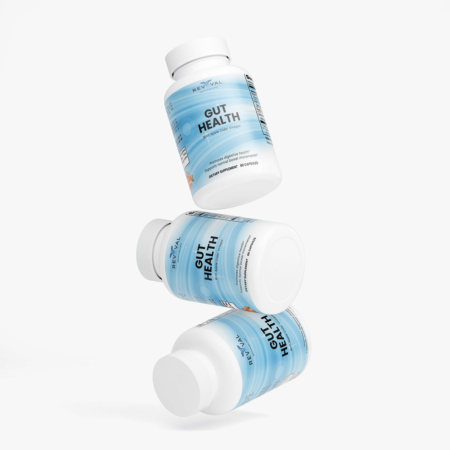 Three bottles of 'Gut Health' supplement on a white background
