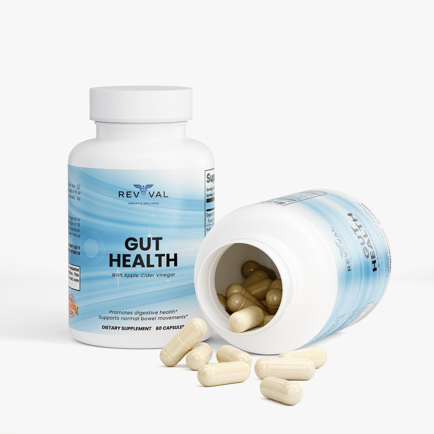Supplement bottle labeled 'Gut Health' with open lid showing capsules on a white background
