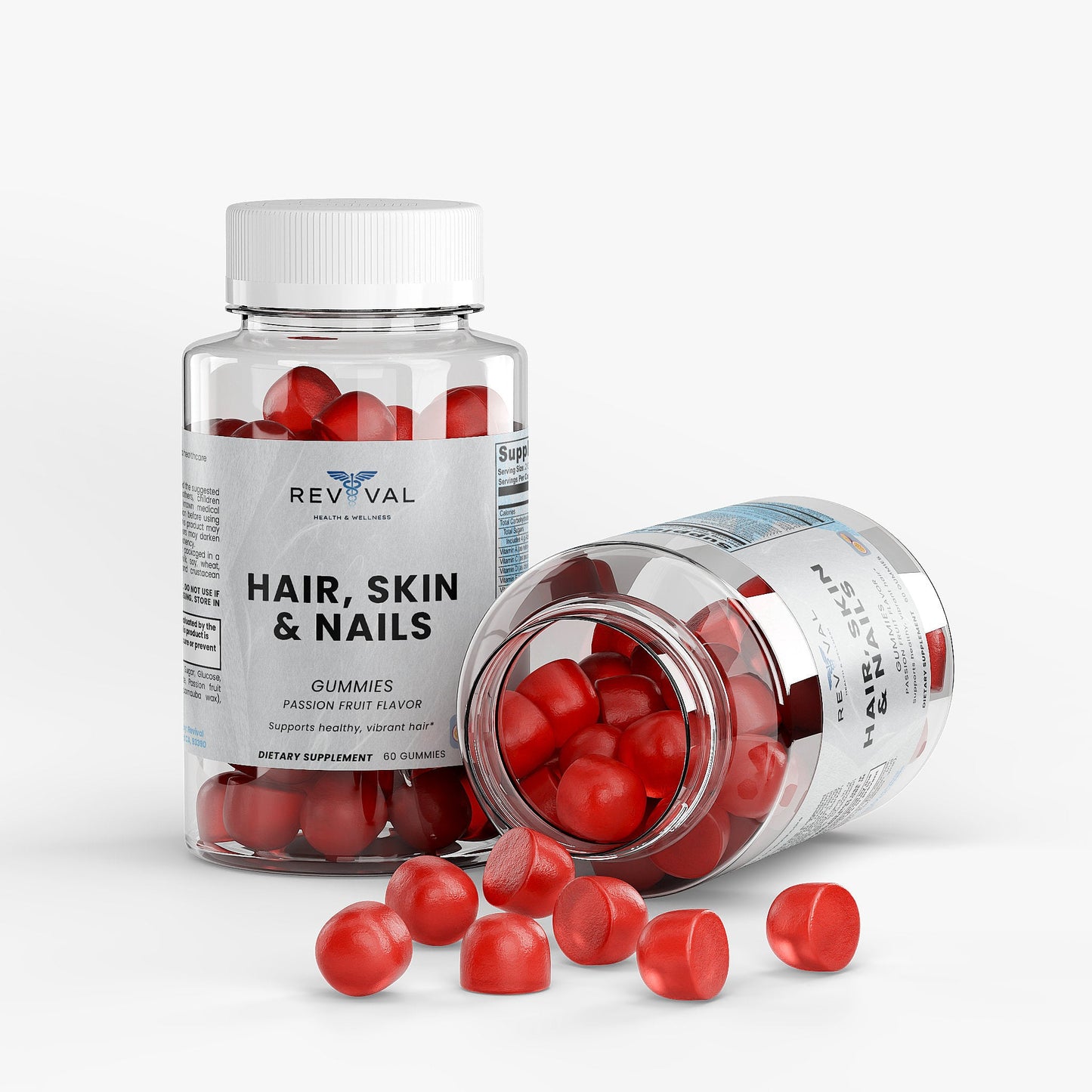 Supplement bottle labeled 'Hair, Skin & Nails' with red gummies on a white background