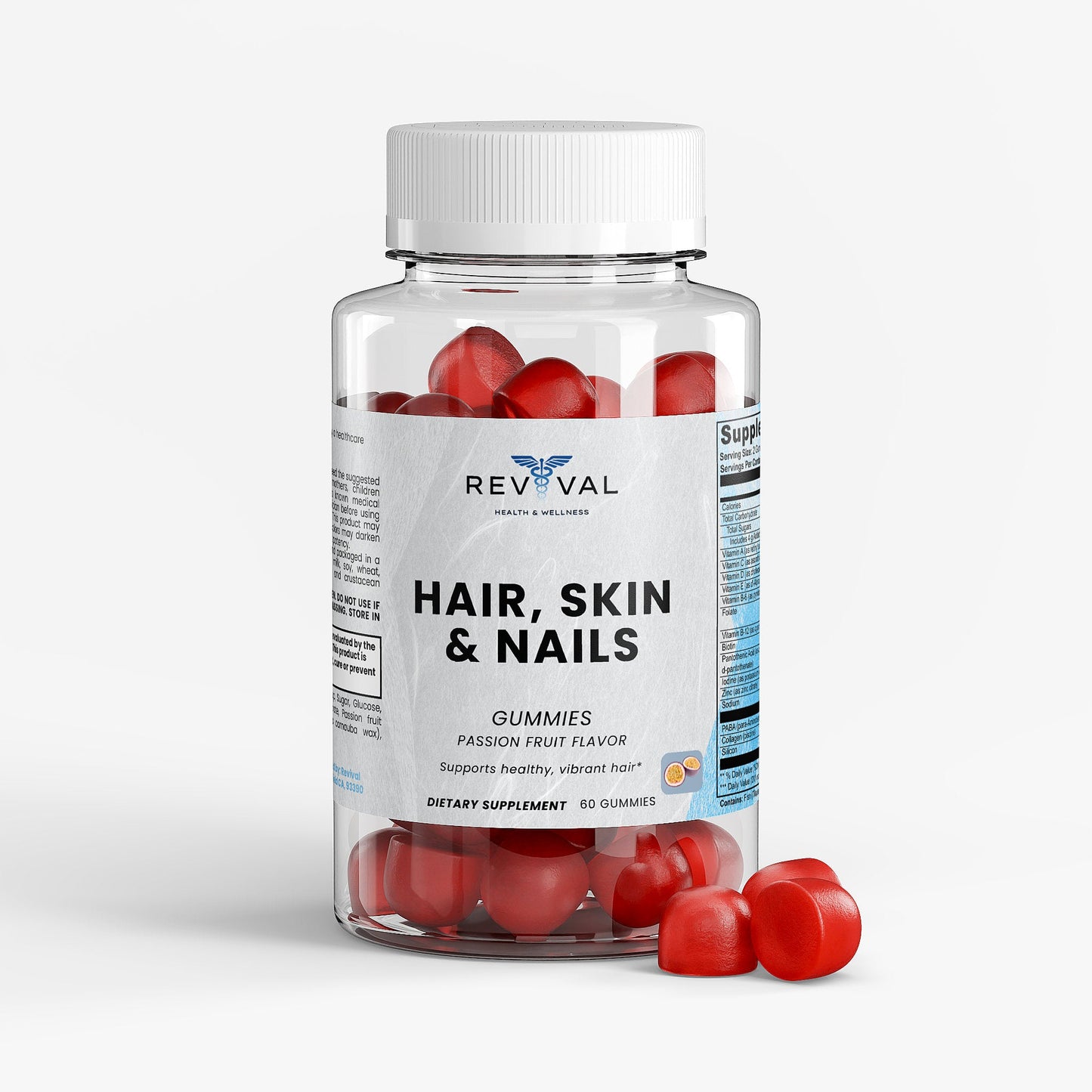 Bottle of Revival Hair, Skin & Nails gummies with red gummy bears on a white background
