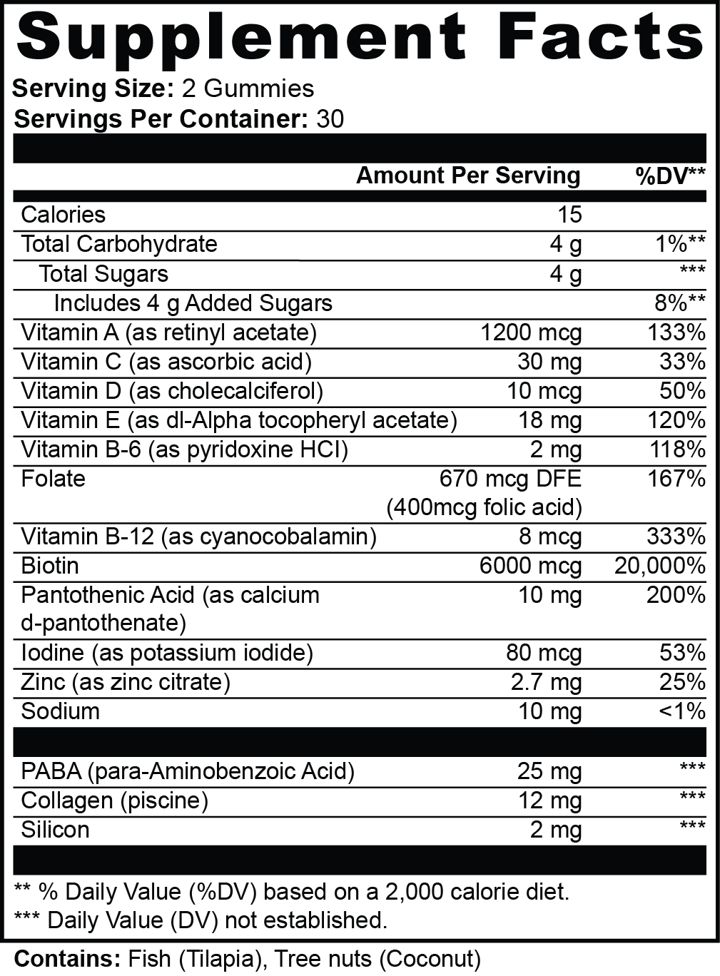 Supplement facts label for gummy vitamins with detailed nutritional information.