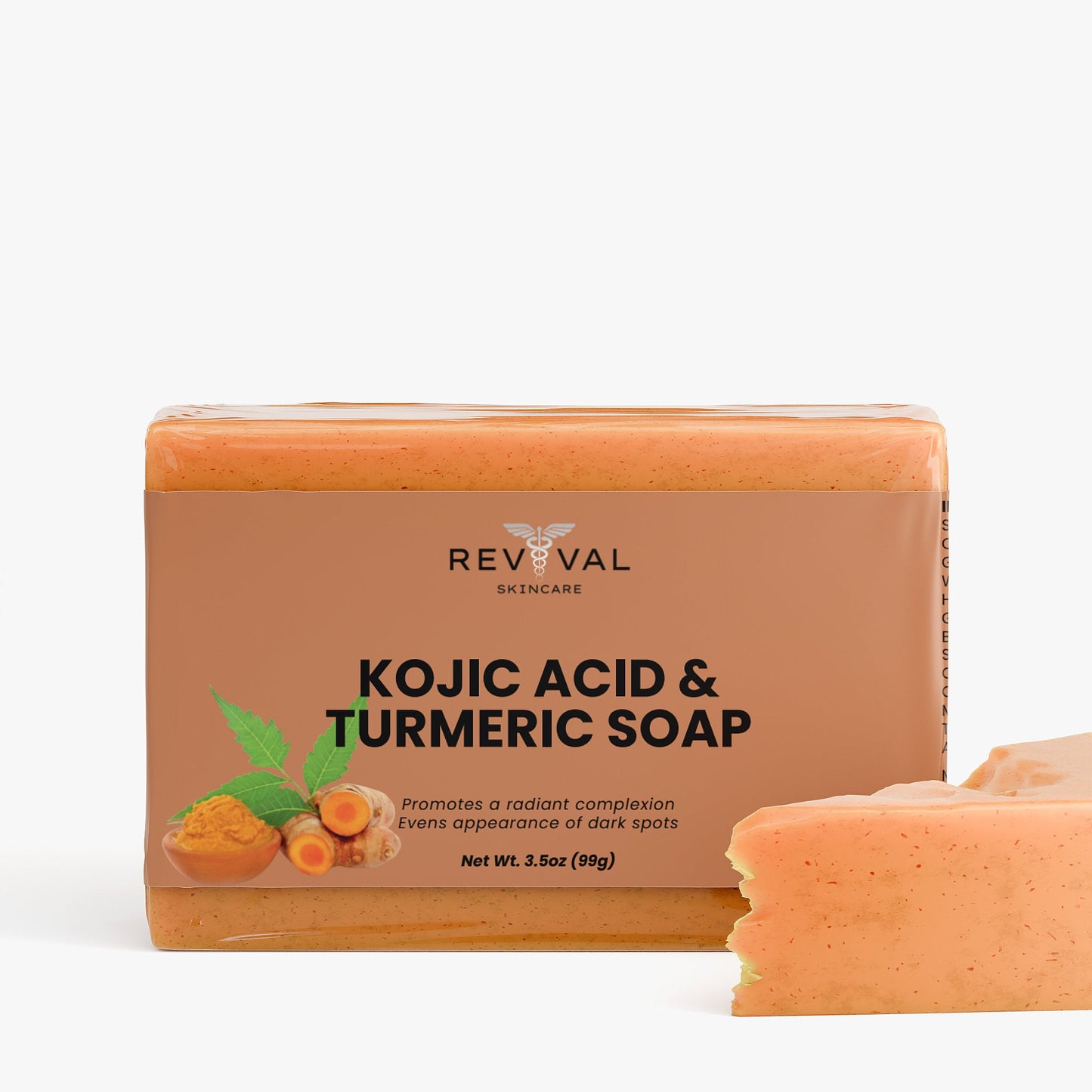 Kojic Acid & Turmeric Soap bar with packaging on a white background