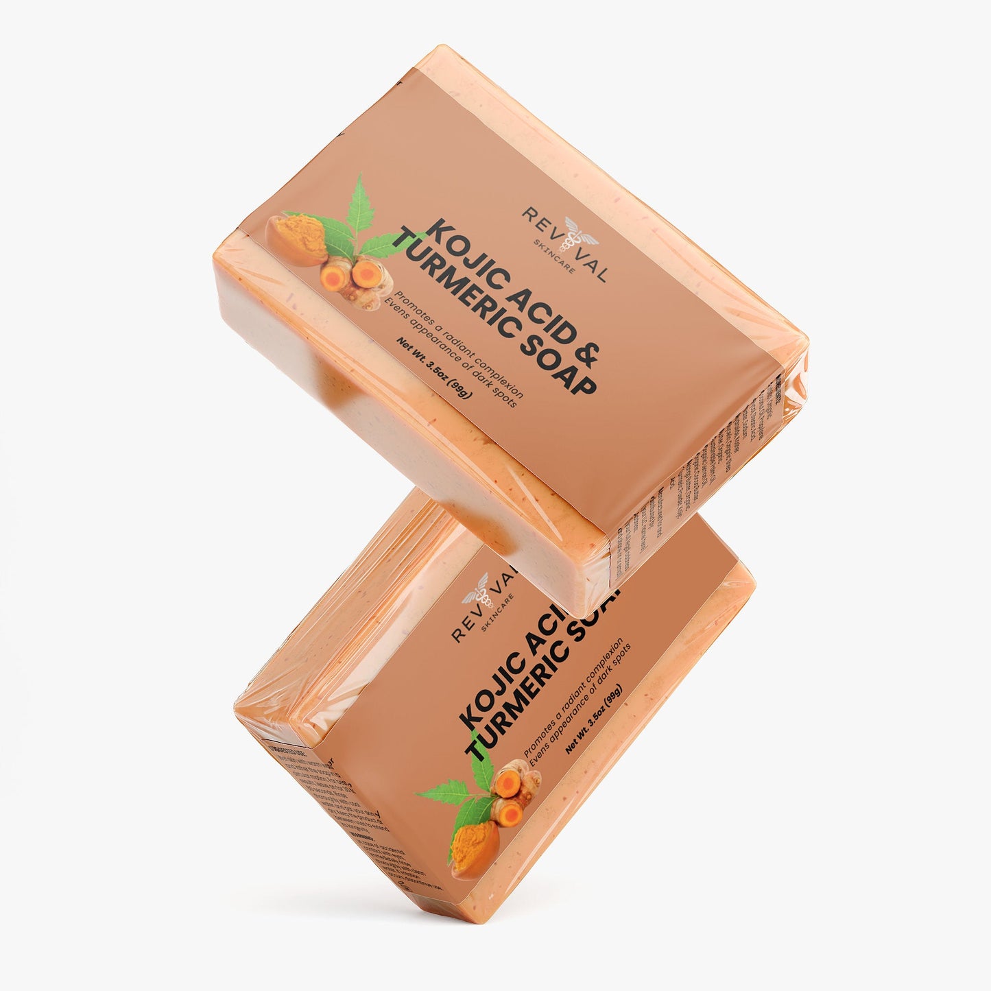 Two bars of Kojic Acid & Turmeric Soap on a white background