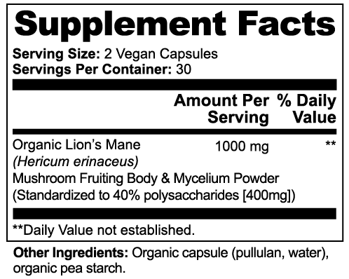 Supplement facts label for Organic Lion's Mane and Mushroom Fruiting Body & Mycelium Powder.