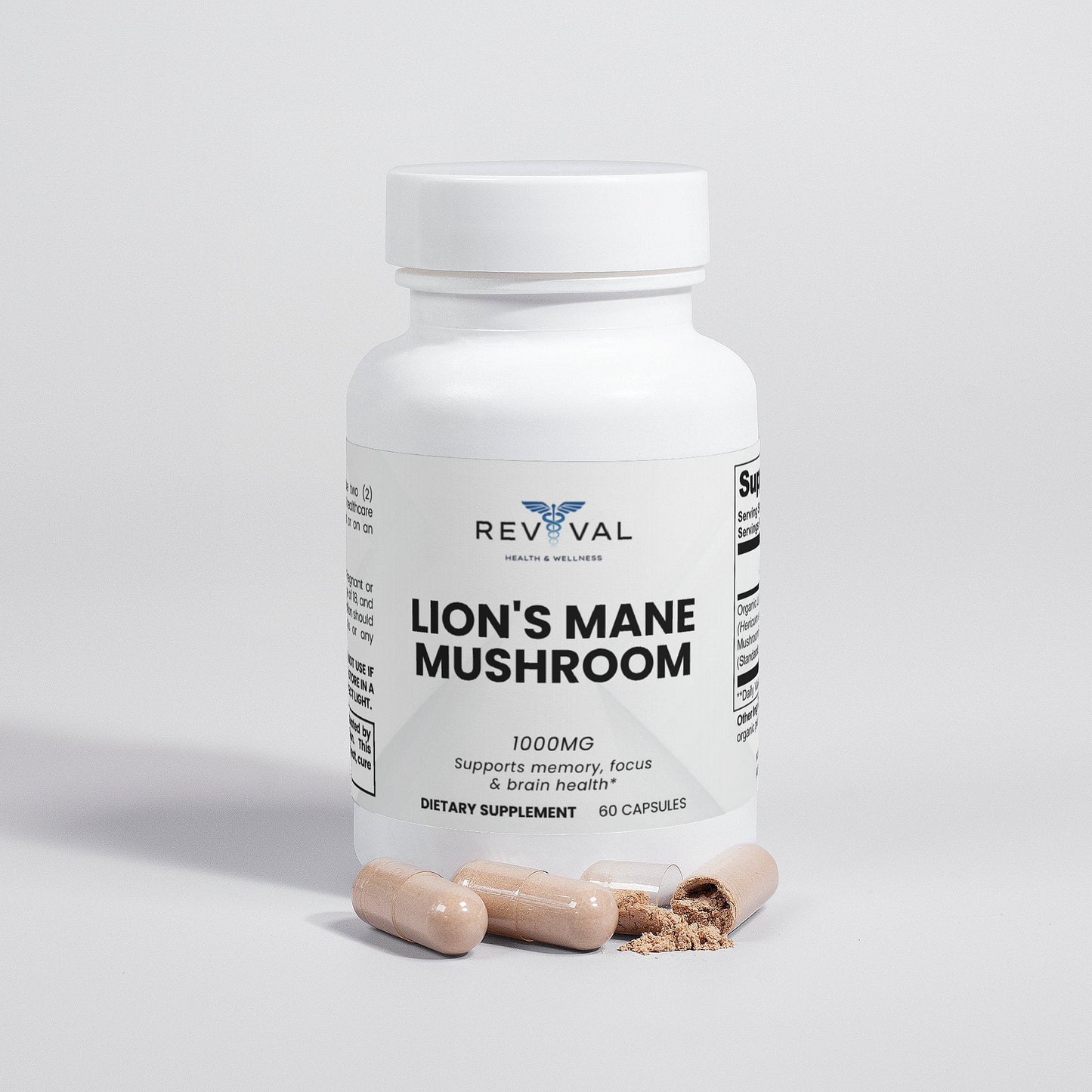 Supplement bottle labeled 'Lion's Mane Mushroom' by Revival on a light gray background
