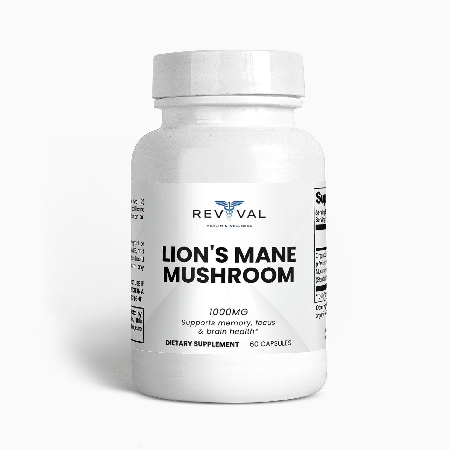 Supplement bottle labeled 'Lion's Mane Mushroom' by Revival on a white background