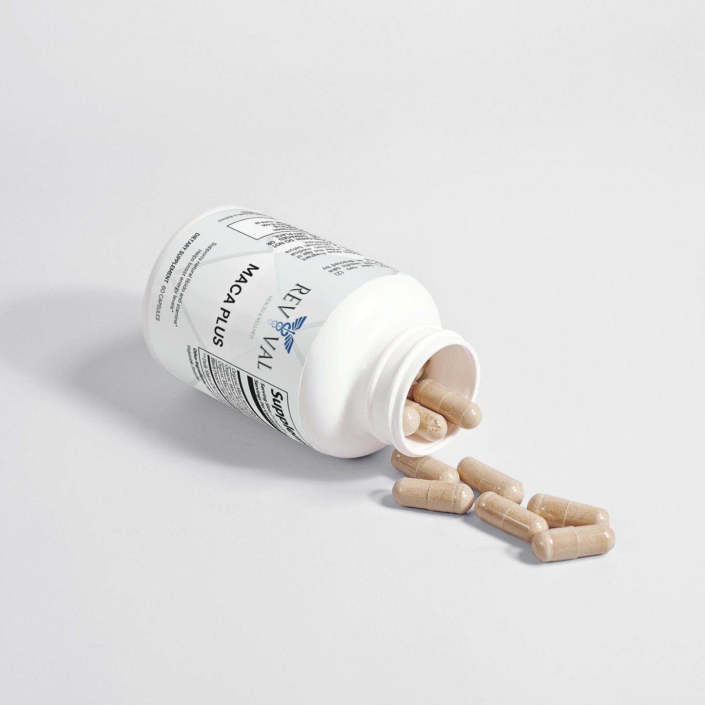 Maca Plus, open bottle with capsules