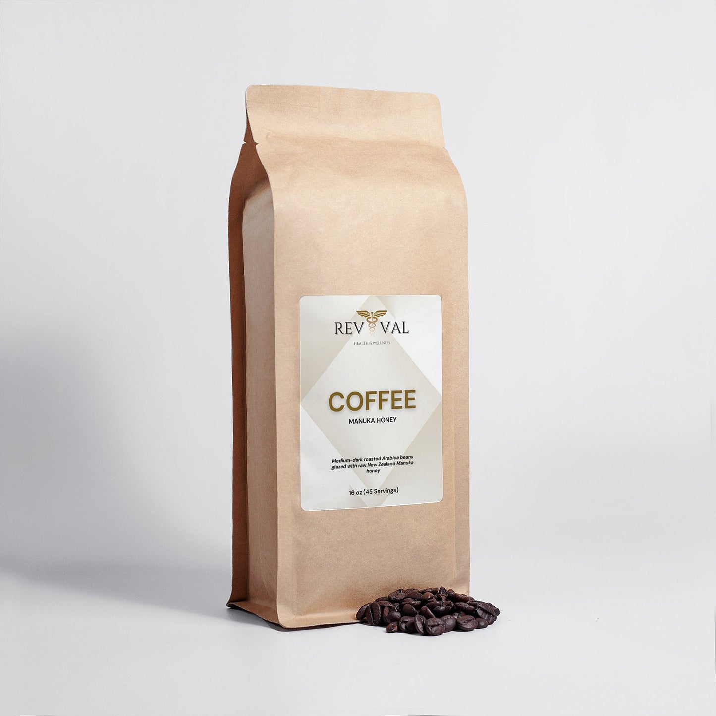 Manuka Honey Coffee 16oz, front bag with coffee beans