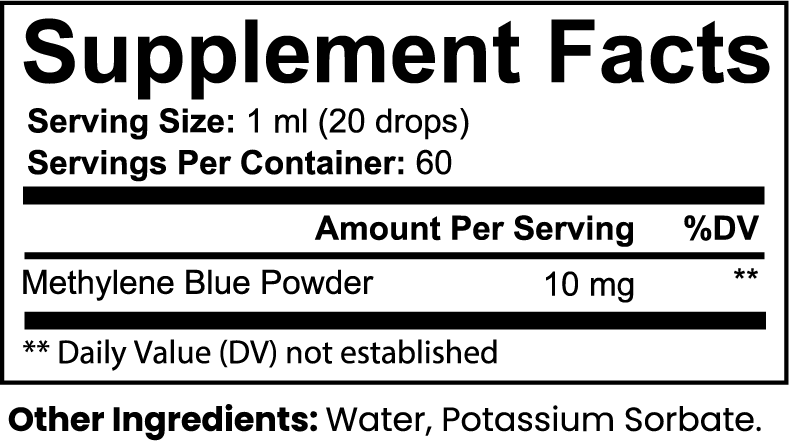 Supplement facts label for Methylene Blue Powder with serving size, servings per container, and ingredient list.
