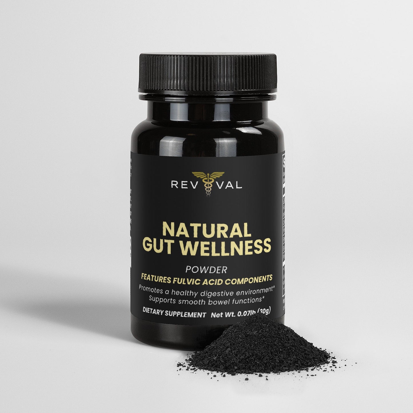 Black supplement bottle labeled 'Natural Gut Wellness' on a light gray background