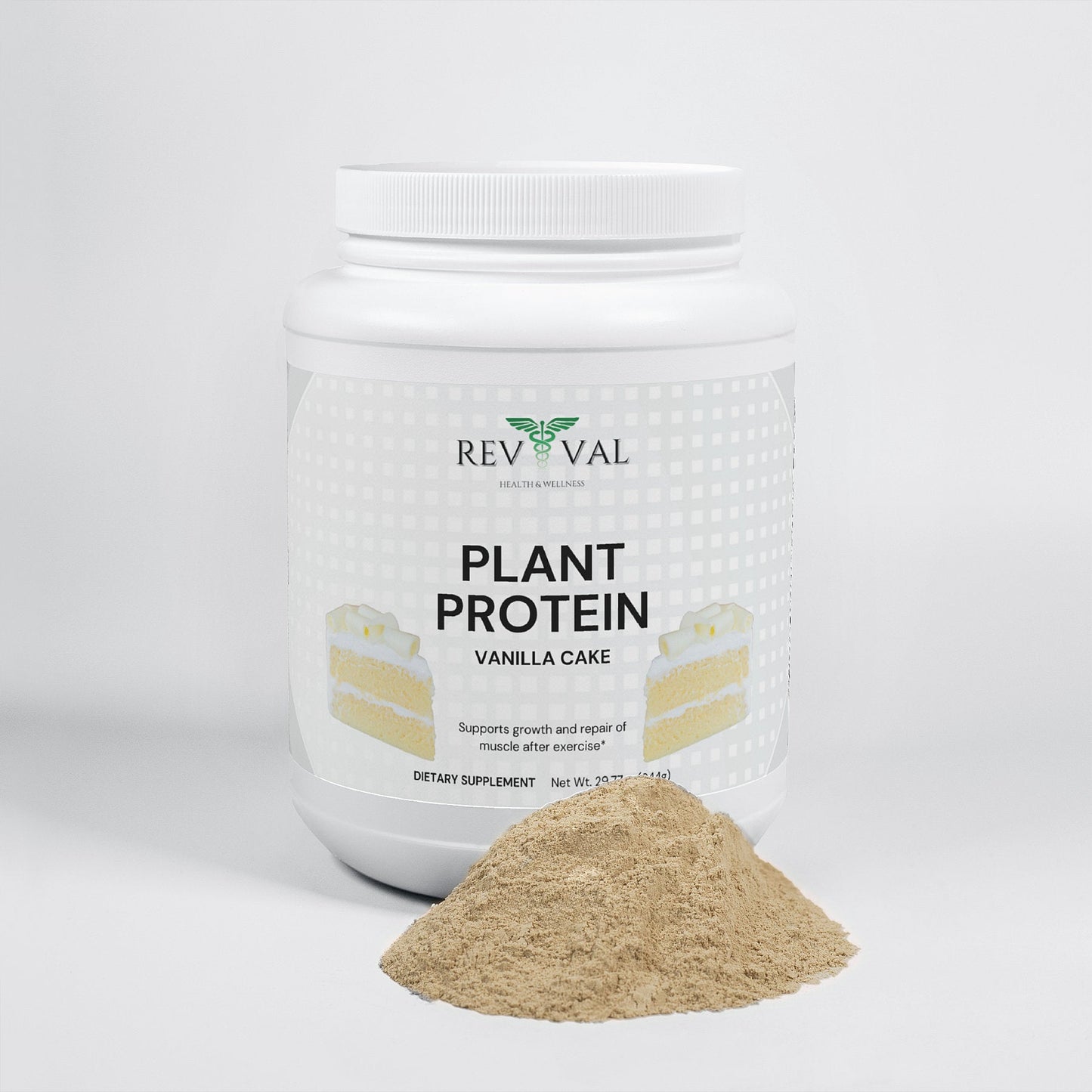 Plant Protein (Vanilla), front bottle with powder