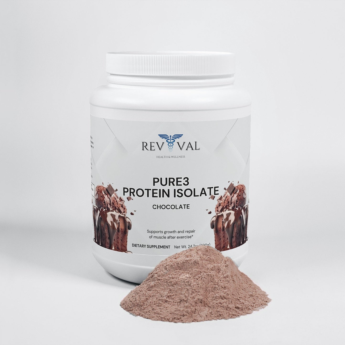 Pure3 Protein Isolate (Chocolate), front bottle with powder