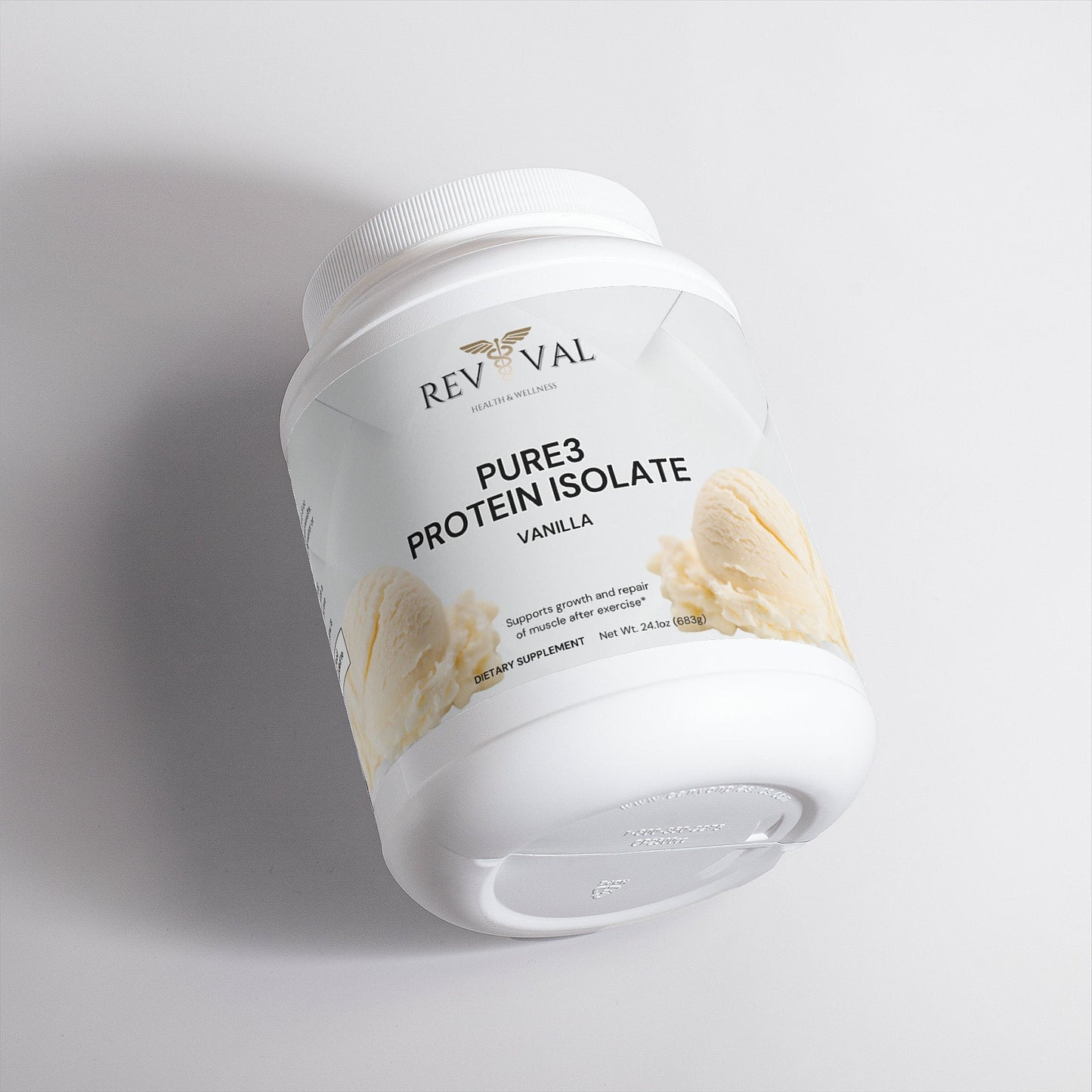Pure3 Protein Isolate (Vanilla), front angled bottle