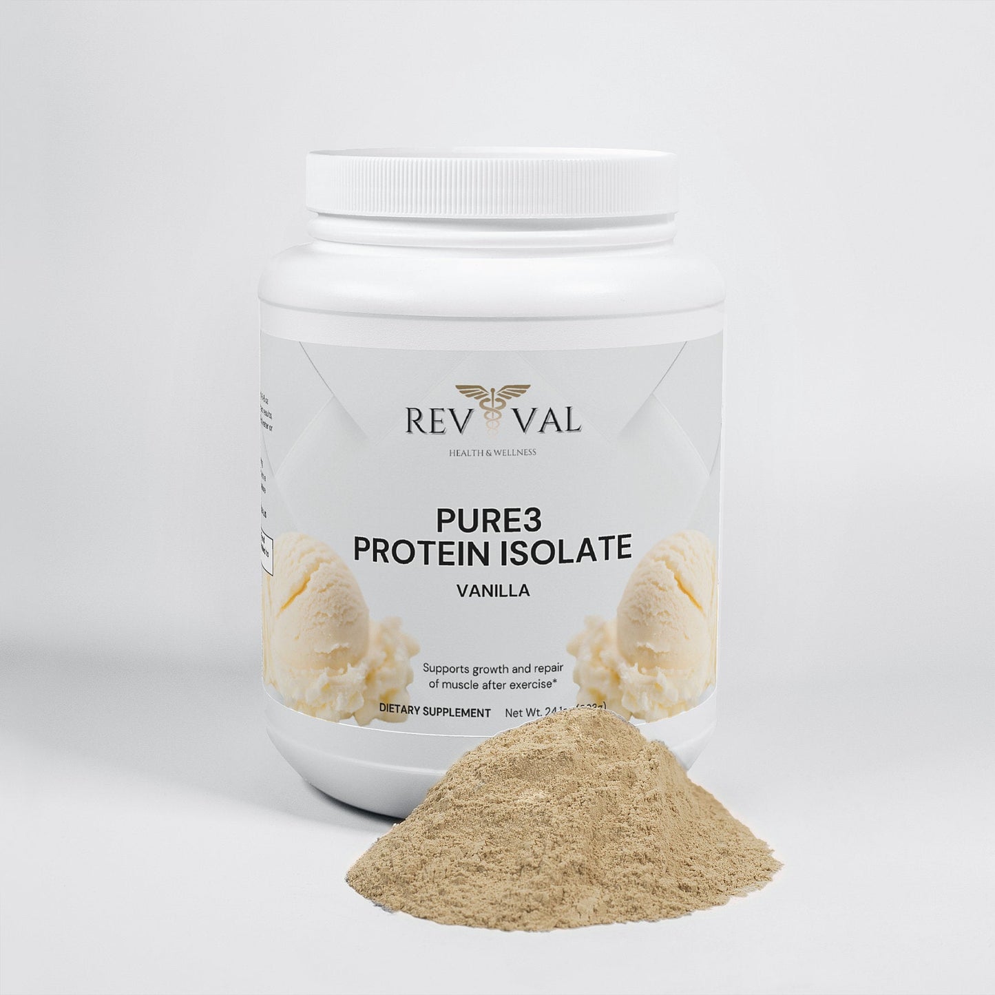 Pure3 Protein Isolate (Vanilla), front bottle with powder