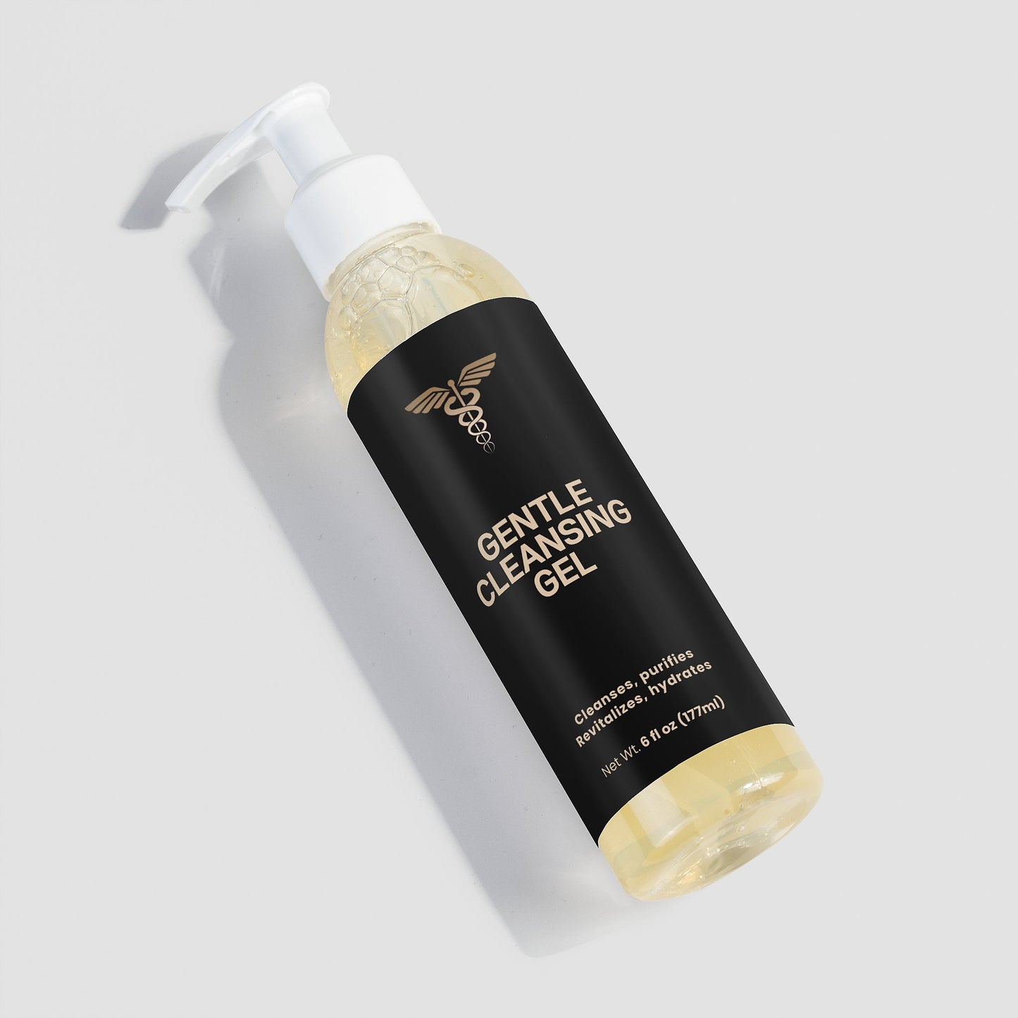 Bottle of Gentle Cleansing Gel with black label on a light gray background