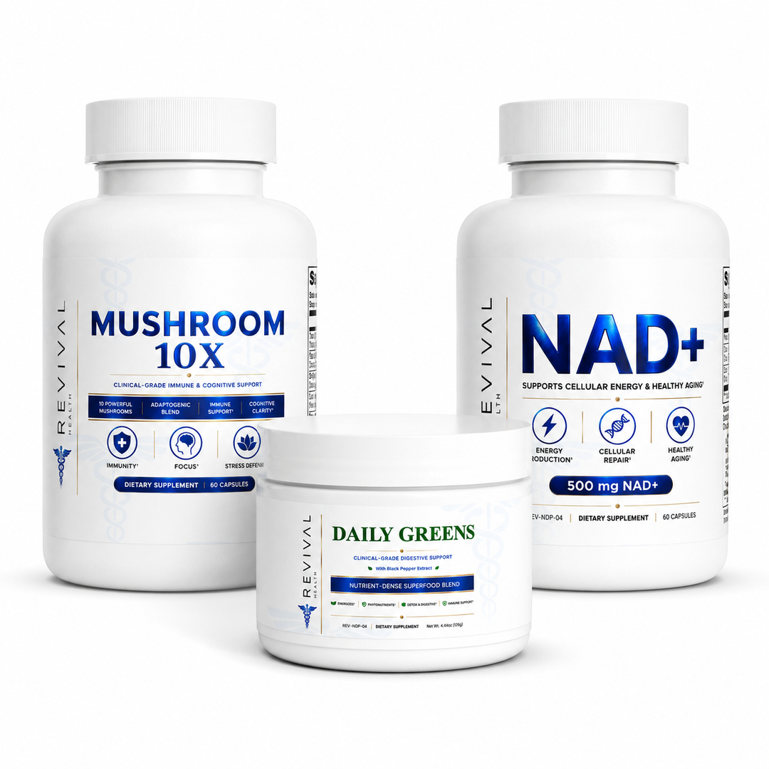 Mushroom X10, Daily greens and NAD+ bottles on white background