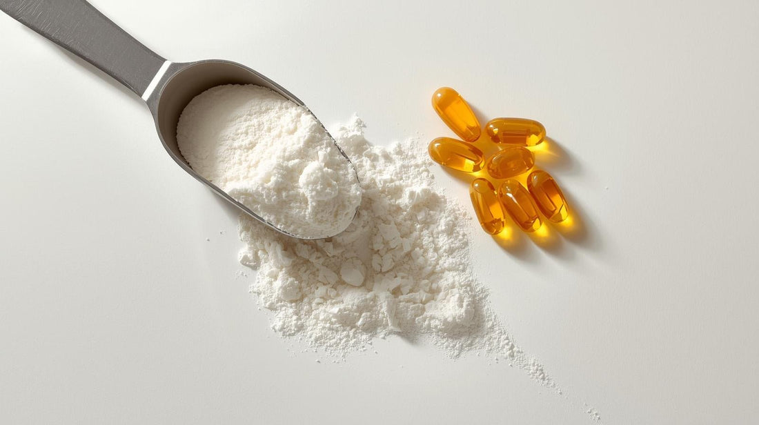 collagen powder in a spoon with vitamin c capsules