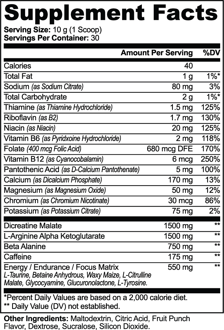A black-and-white supplement facts label showing serving size 10 g (1 scoop) and a list of ingredients and daily value information for various vitamins and minerals.