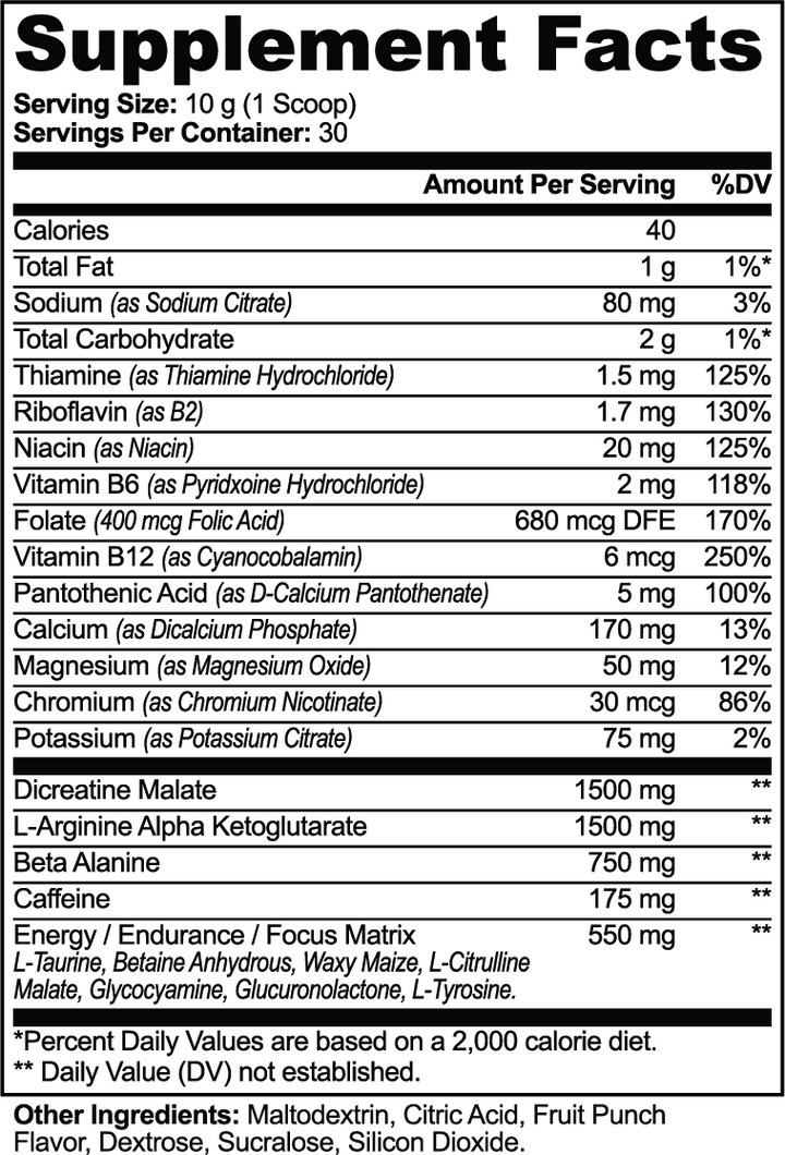 A black-and-white supplement facts label showing serving size 10 g (1 scoop) and a list of ingredients and daily value information for various vitamins and minerals.