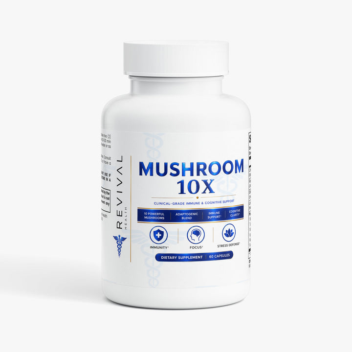 A white plastic bottle of REVIVAL Health Mushroom 10X dietary supplement capsules, featuring a clean white label with blue text and icons, set against a light gray background.