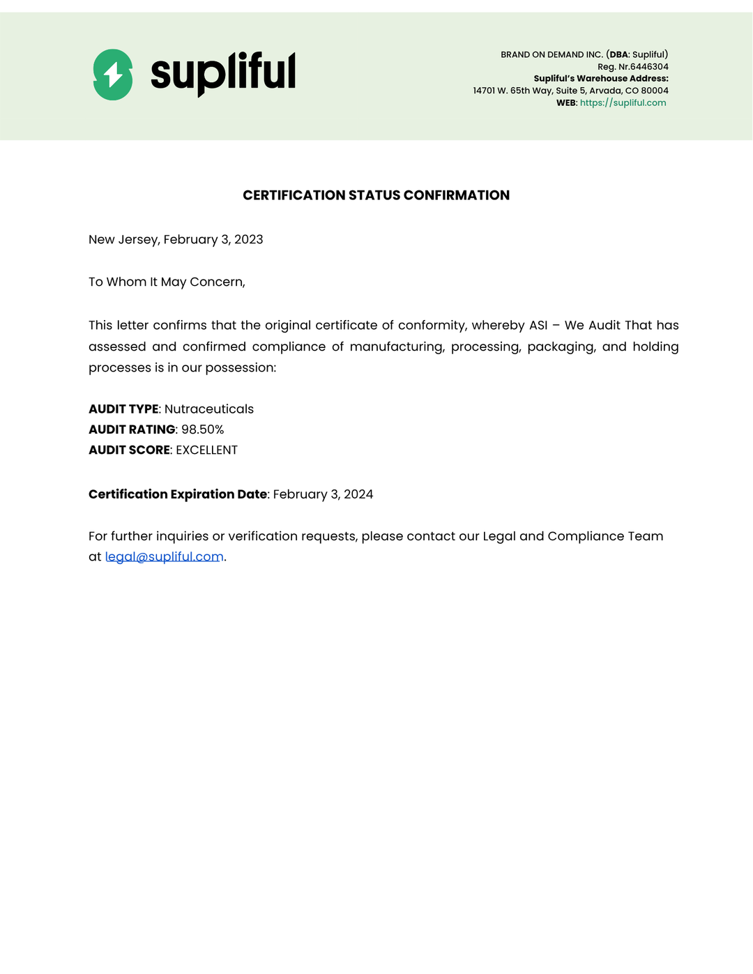 Supliful certification status confirmation letter with audit details.