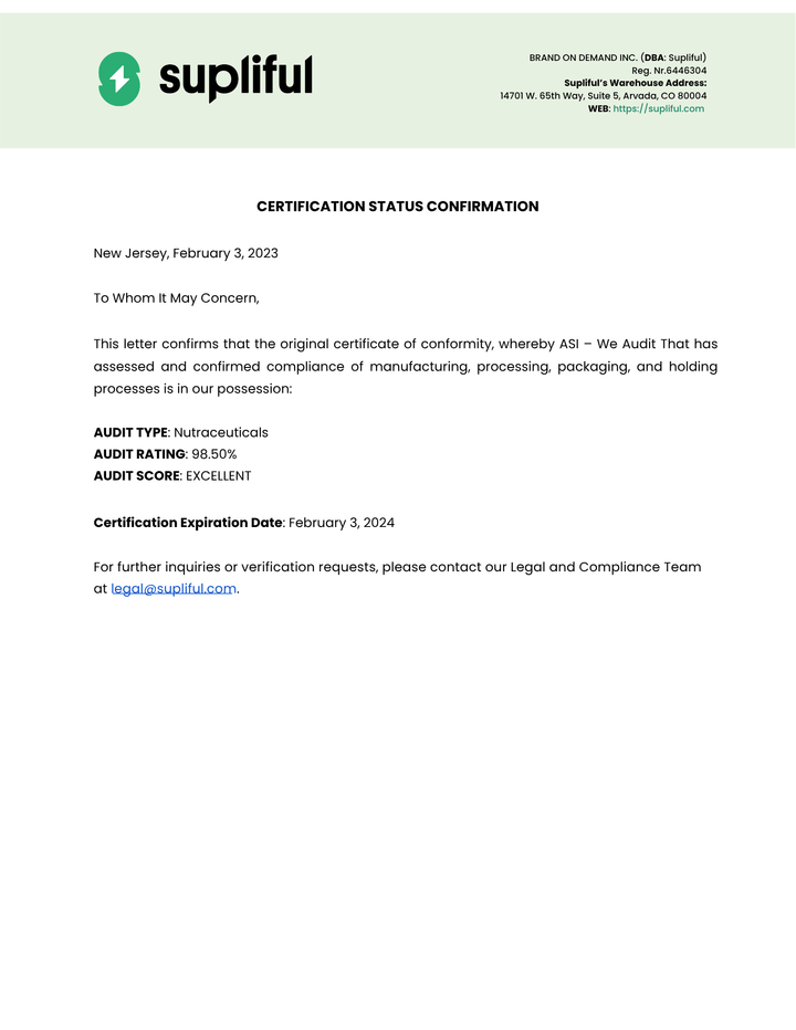 Supliful certification status confirmation letter with audit details.
